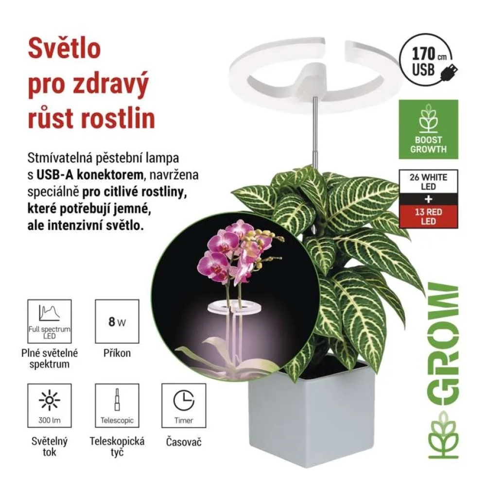 LED GROW pěstební lampa 8 W, časovač, stmívatelná - bílá