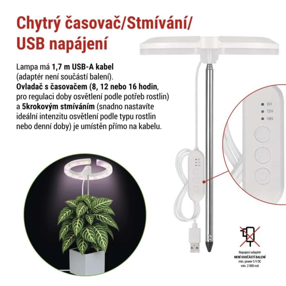 LED GROW pěstební lampa 8 W, časovač, stmívatelná - bílá