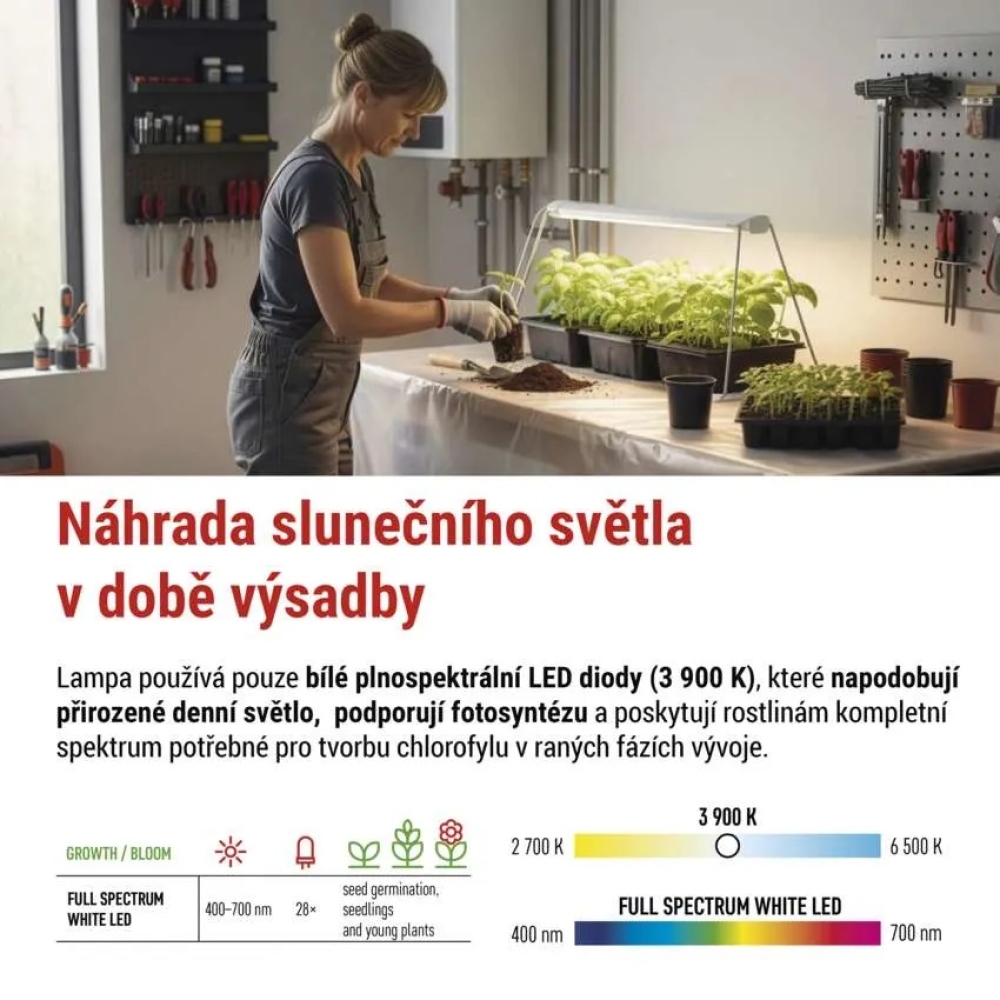 LED GROW pěstební lampa na sazenice 15 W, časovač - bílá