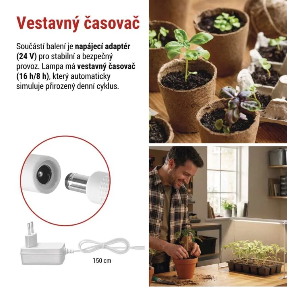 LED GROW pěstební lampa na sazenice 15 W, časovač - bílá