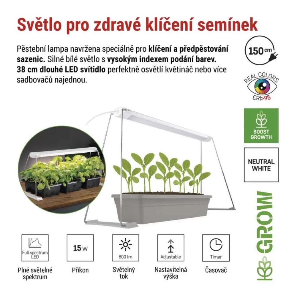LED GROW pěstební lampa na sazenice 15 W, časovač - bílá