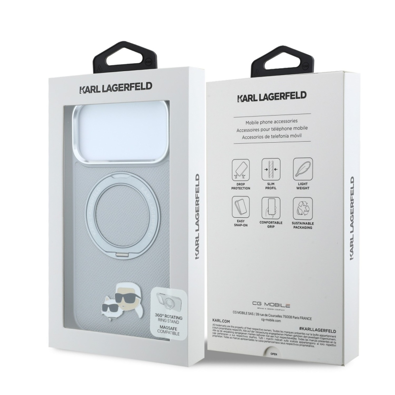 Karl Lagerfeld PU Grained K&CH Heads Ring Stand Magsafe Zadní Kryt pro iPhone 18 Pro Grey