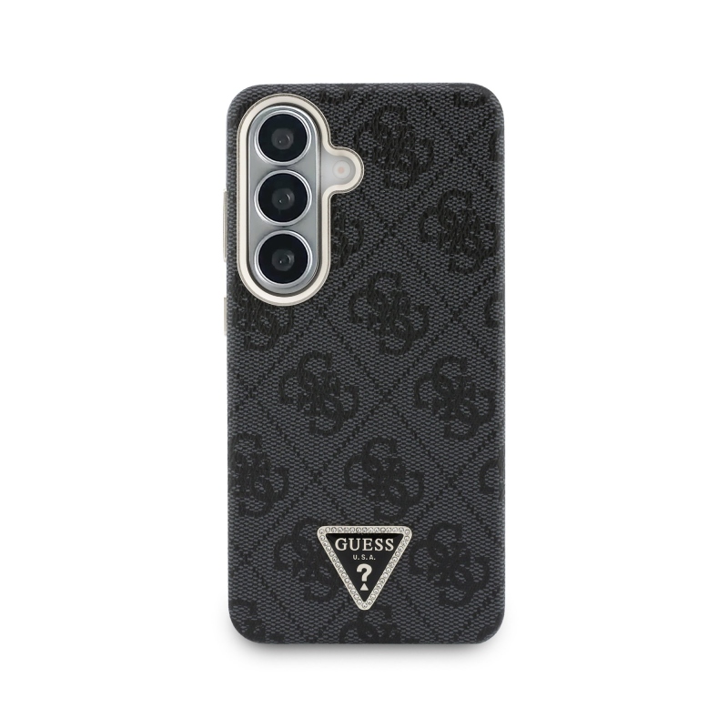 Guess PU Leather 4G Strass Triangle Logo Gold Frame Magnetic Zadní Kryt pro Samsung Galaxy S26 Black