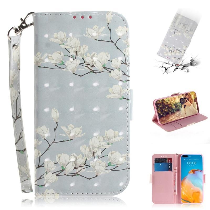 Light PU kožené peněženkové pouzdro na mobil Huawei P40 Pro - rozkvetlé bílé květy