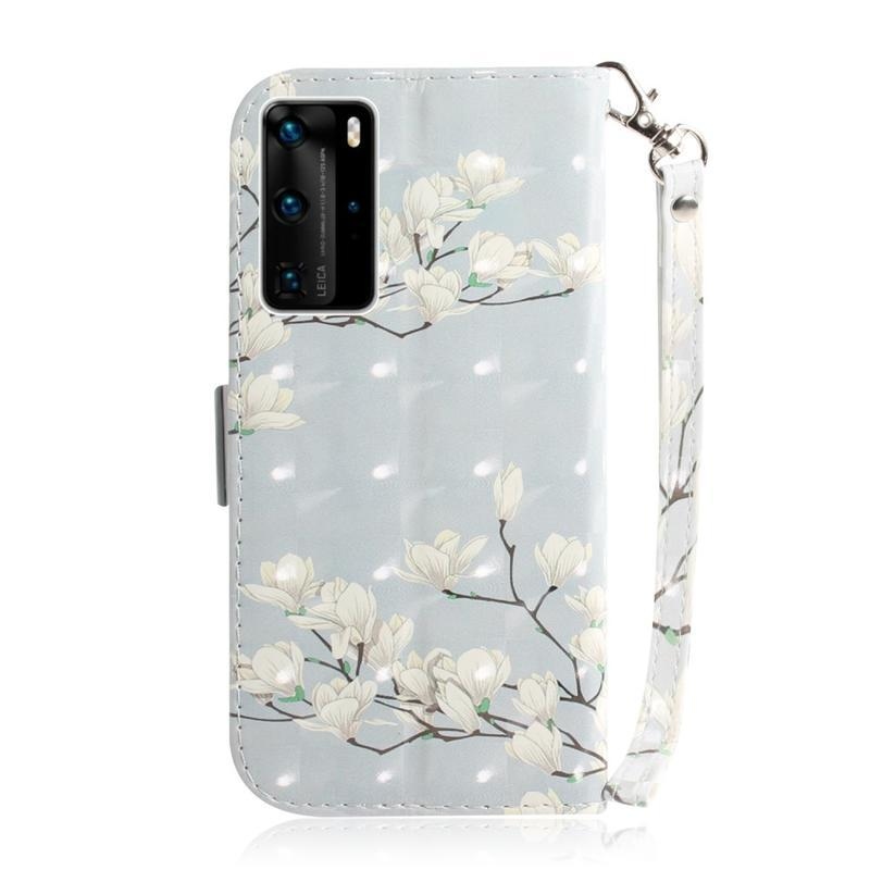 Light PU kožené peněženkové pouzdro na mobil Huawei P40 Pro - rozkvetlé bílé květy