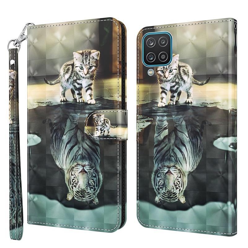 Light PU kožené peněženkové pouzdro na mobil Samsung Galaxy A12/M12 - kočka a odraz tygra