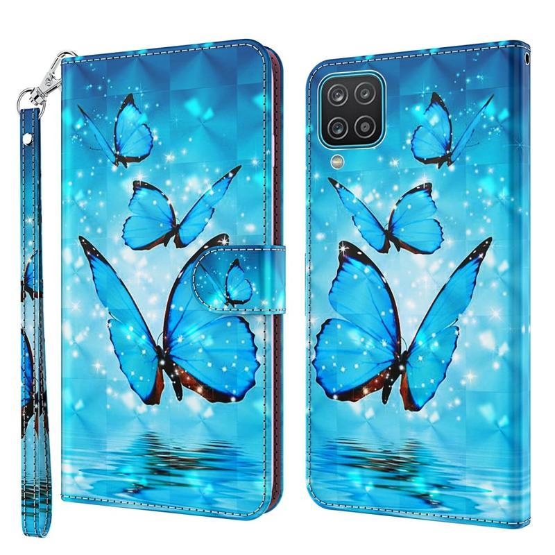 Light PU kožené peněženkové pouzdro na mobil Samsung Galaxy A12/M12 - modří motýli