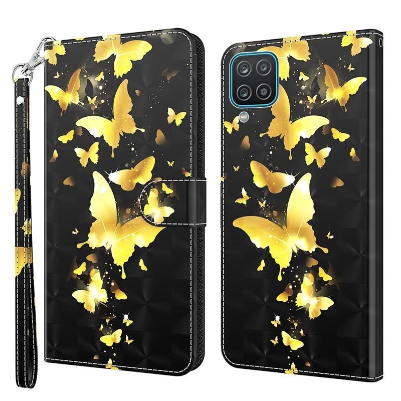 Light PU kožené peněženkové pouzdro na mobil Samsung Galaxy A12/M12 - zlatí motýli