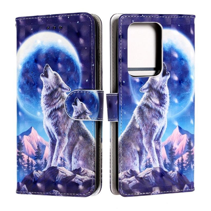 Light PU kožené peněženkové pouzdro na mobil Samsung Galaxy S20 Ultra - vyjící vlk