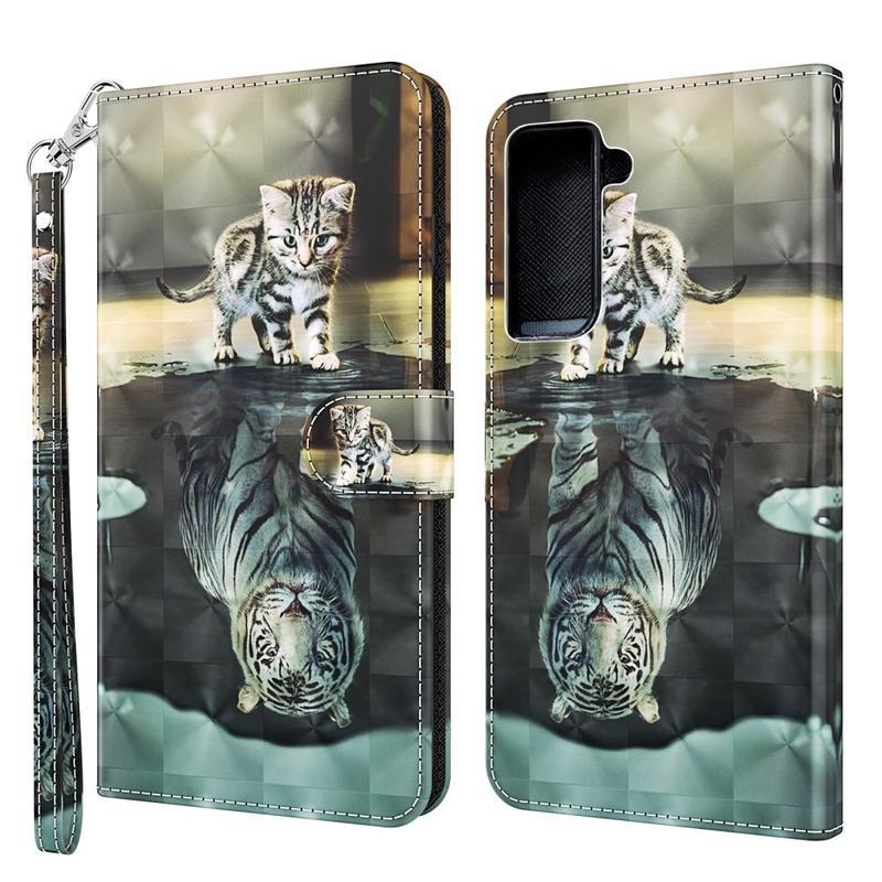Light PU kožené peněženkové pouzdro na mobil Samsung Galaxy S21 - kočka a odraz tygra