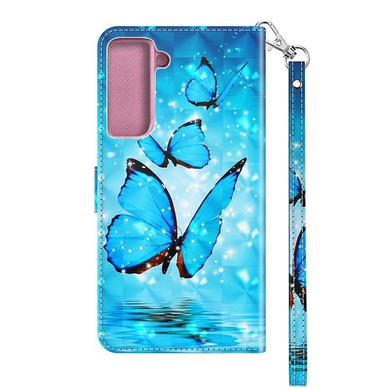 Light PU kožené peněženkové pouzdro na mobil Samsung Galaxy S21 - modří motýli