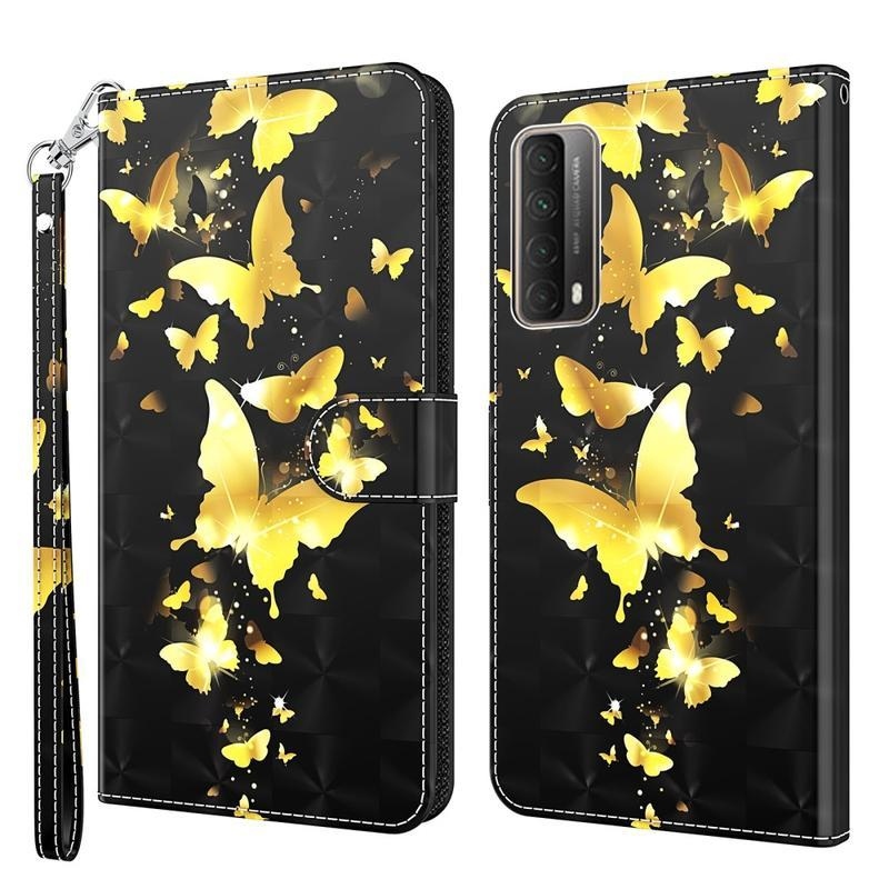 Light PU kožené peněženkové pouzdro pro mobil Huawei P Smart (2021) - zlatí motýli