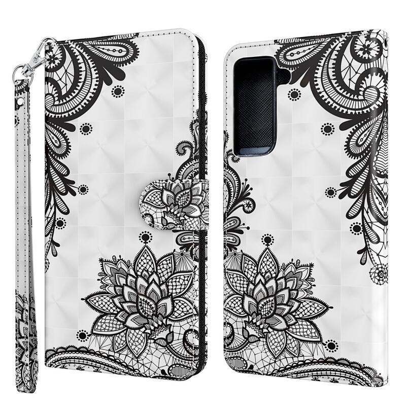Light PU kožené peněženkové pouzdro pro mobil Samsung Galaxy S21 Plus - krajkový květ