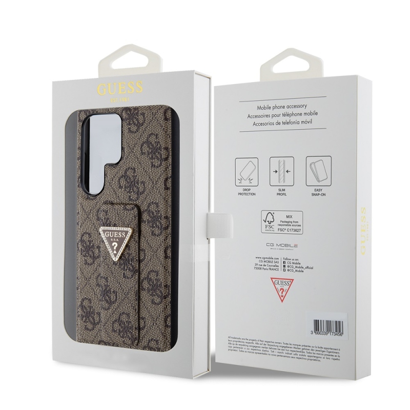 Guess PU Grip Stand 4G Strass Triangle Metal Logo Zadní Kryt pro Samsung Galaxy S24 Ultra  Brown