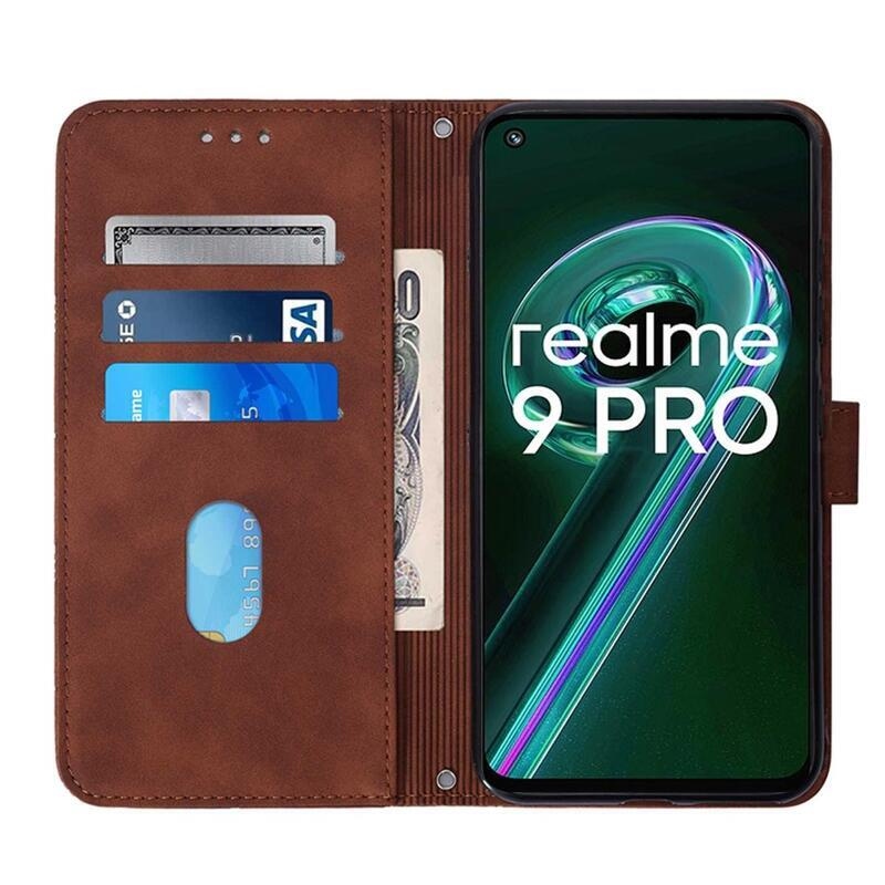 Lines PU kožené peněženkové pouzdro na mobil Realme 9 Pro 5G - hnědé