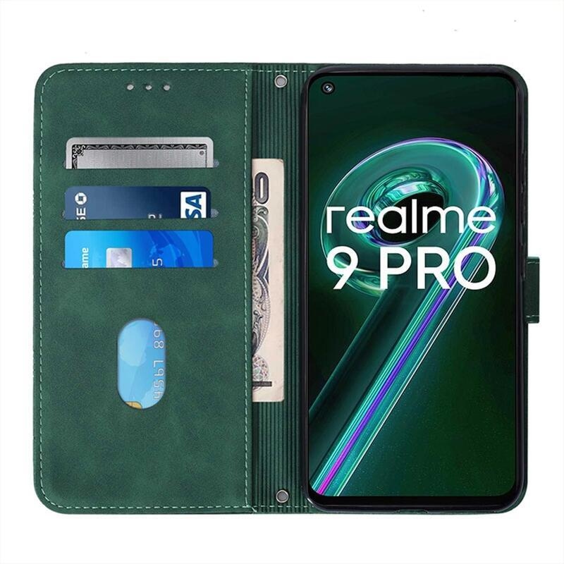 Lines PU kožené peněženkové pouzdro na mobil Realme 9 Pro 5G - zelené