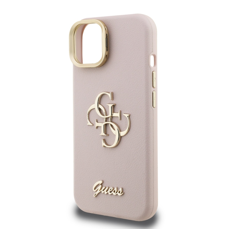 Guess PU Grained 4G Logo Stand Camera Frame Zadní Kryt pro iPhone 13 Pink