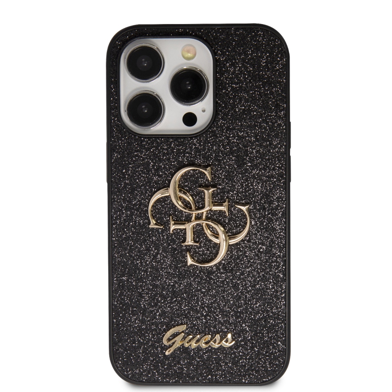 Guess PU Fixed Glitter 4G Metal Logo Zadní Kryt pro iPhone 15 Pro Max Black