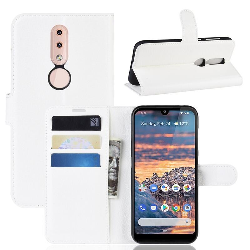 Litchi PU kožené peněženkové pouzdro na mobil Nokia 4.2 - bílé