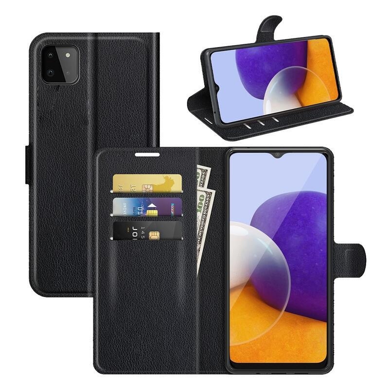 Litchi PU kožené peněženkové pouzdro pro mobil Samsung Galaxy A22 5G - černé