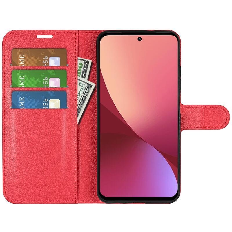 Litchi PU kožené peněženkové pouzdro pro mobil Xiaomi 12/12X - červené