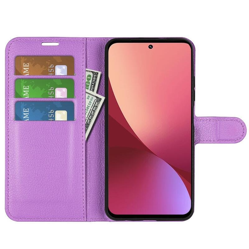 Litchi PU kožené peněženkové pouzdro pro mobil Xiaomi 12/12X - fialové