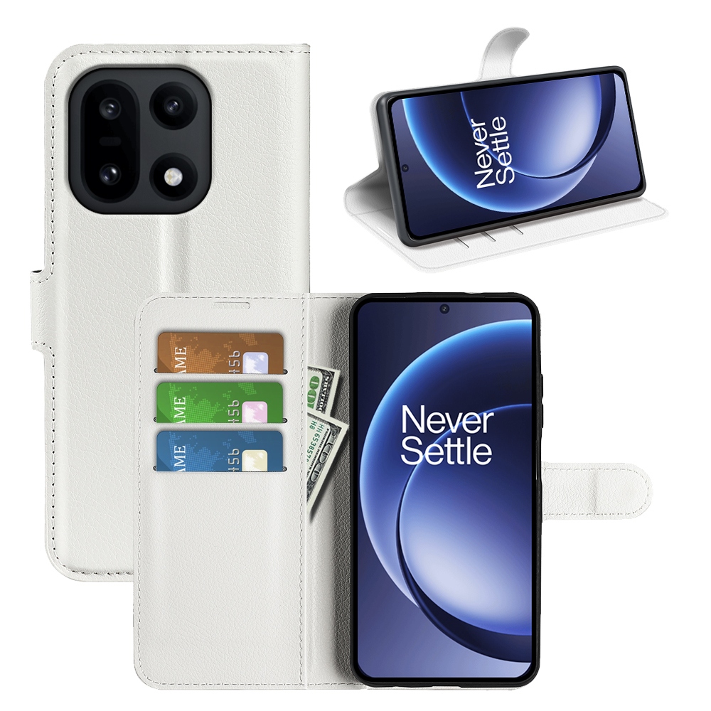 Litchi knížkové pouzdro na OnePlus 15 5G - bílé