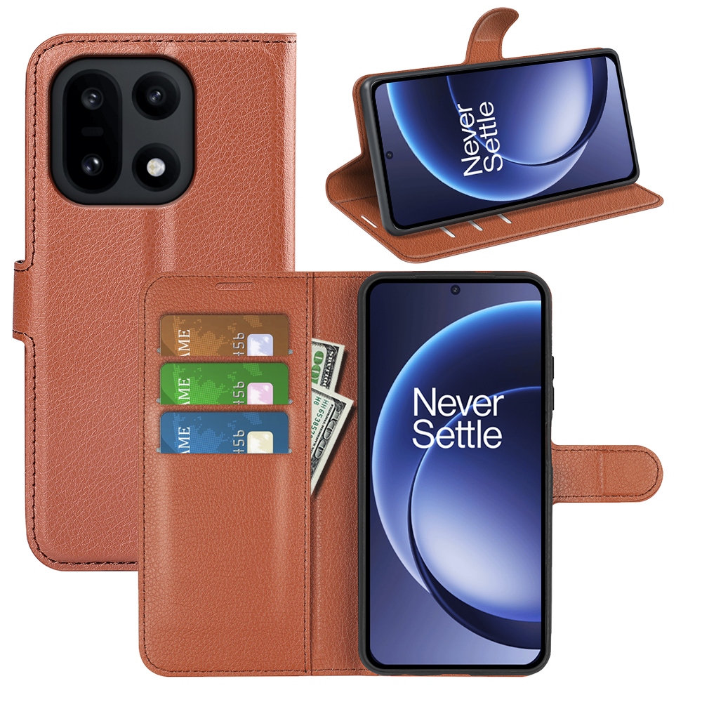 Litchi knížkové pouzdro na OnePlus 15 5G - hnědé