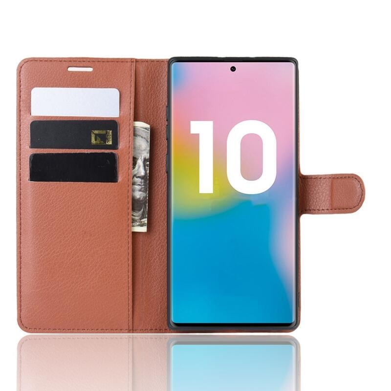 Litchi knížkové pouzdro na Samsung Galaxy Note 10 Plus - hnědé