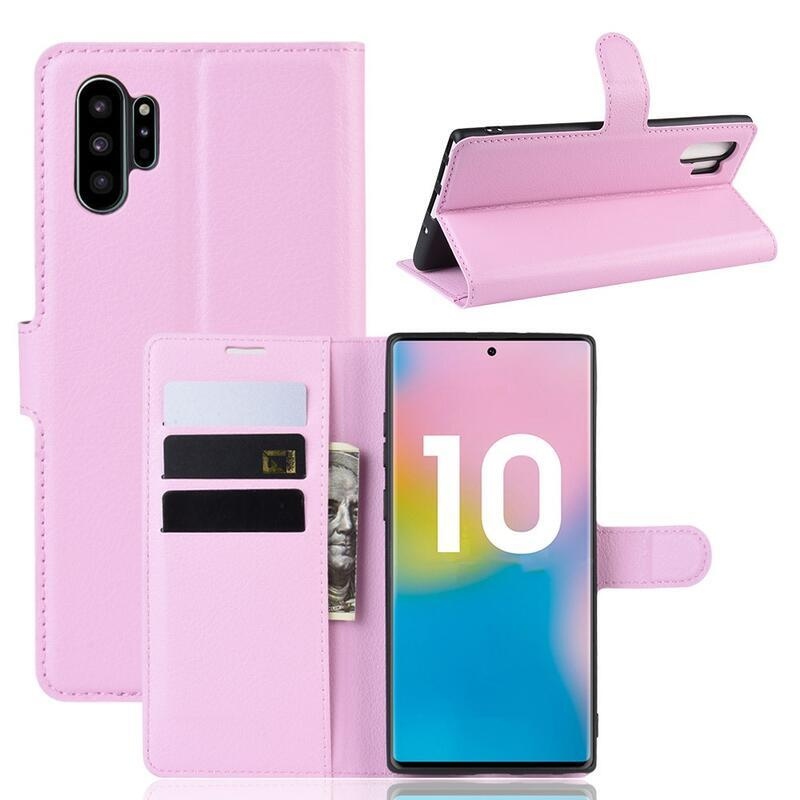 Litchi knížkové pouzdro na Samsung Galaxy Note 10 Plus - růžové