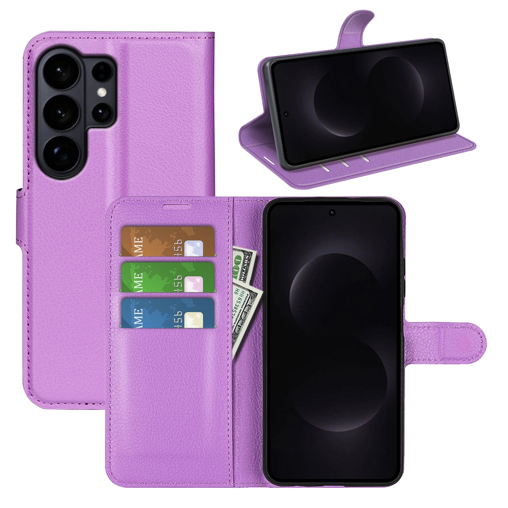 Litchi knížkové pouzdro na Samsung Galaxy S26 Ultra - fialové