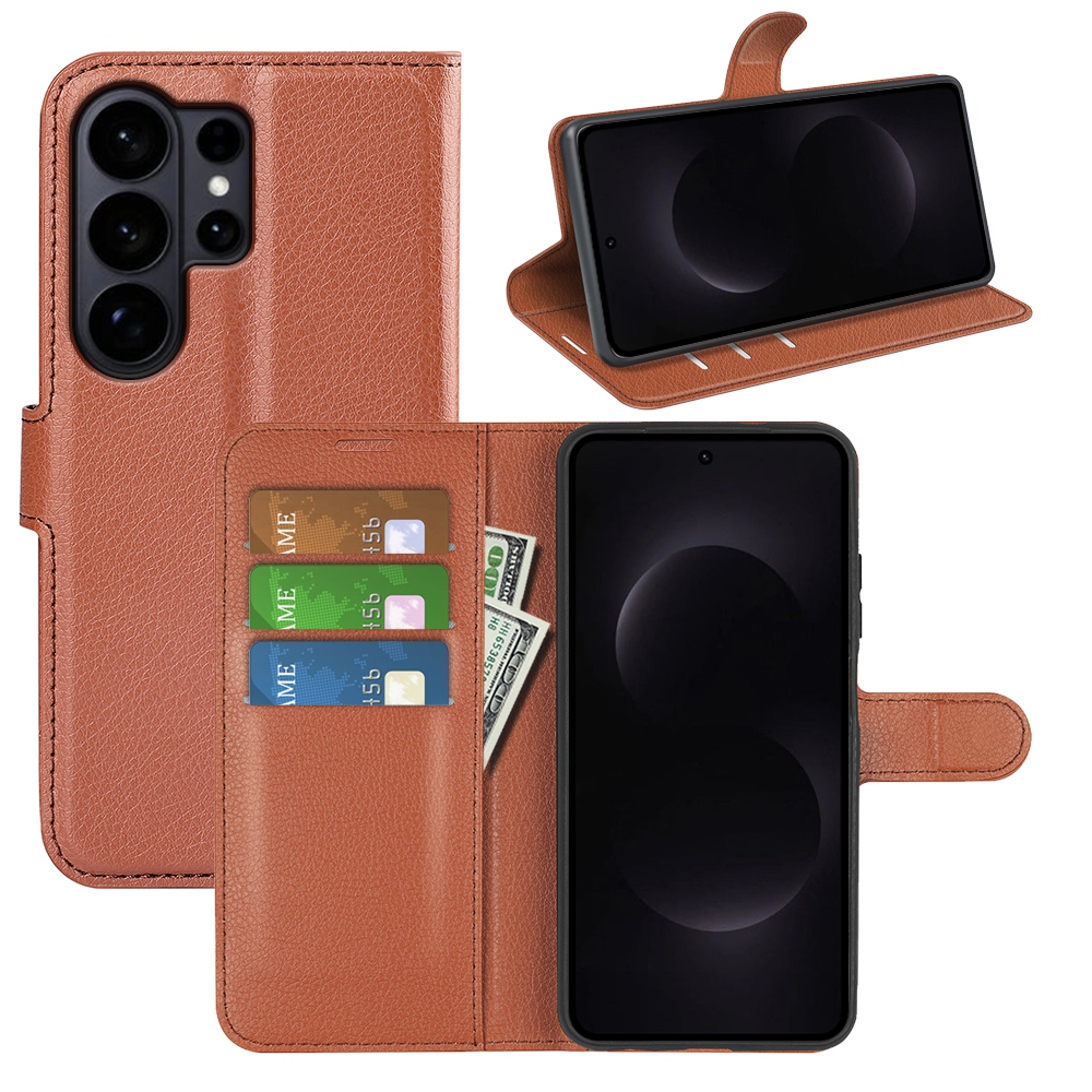 Litchi knížkové pouzdro na Samsung Galaxy S26 Ultra - hnědé