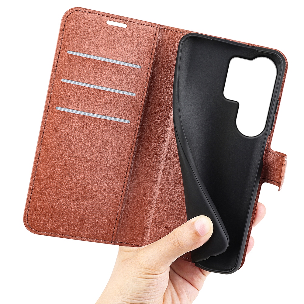 Litchi knížkové pouzdro na Samsung Galaxy S26 Ultra - hnědé