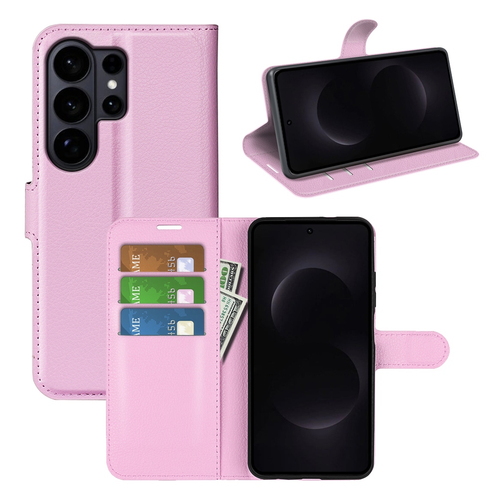 Litchi knížkové pouzdro na Samsung Galaxy S26 Ultra - růžové