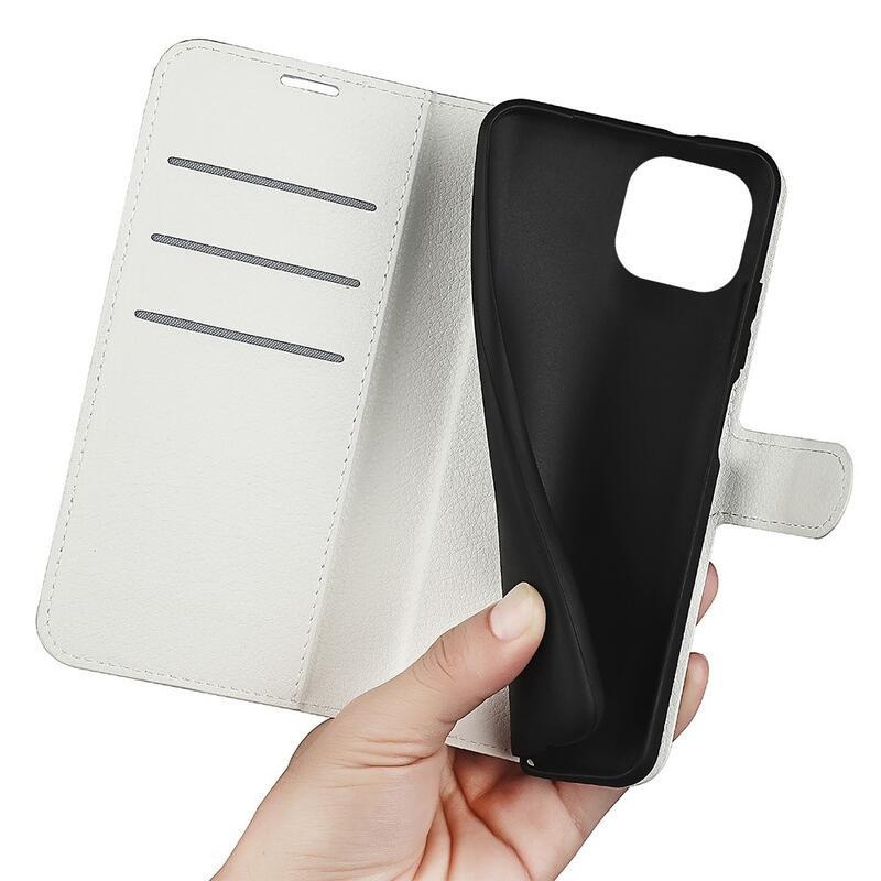 Litchi peněženkové pouzdro na iPhone 14 Plus - bílé