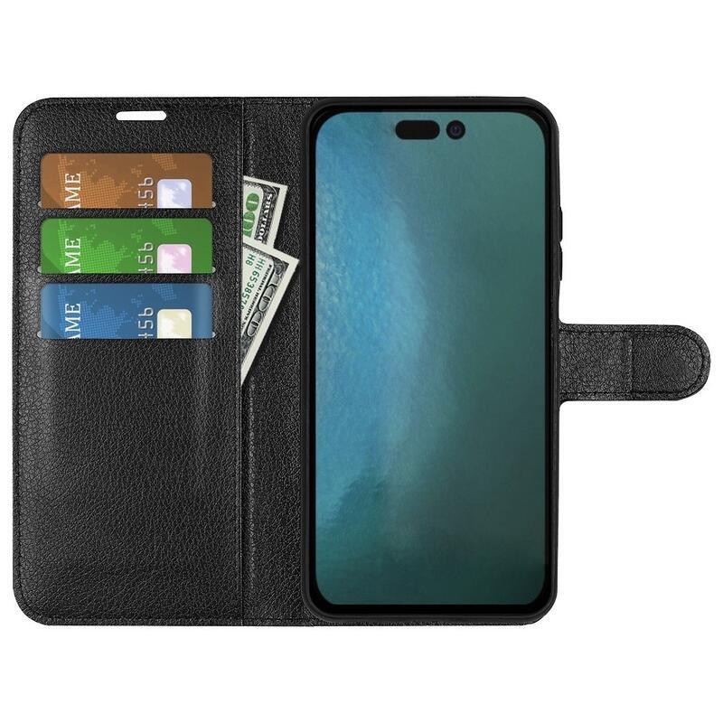 Litchi peněženkové pouzdro na iPhone 14 Plus - černé