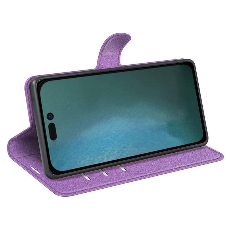 Litchi peněženkové pouzdro na iPhone 14 Plus - fialové