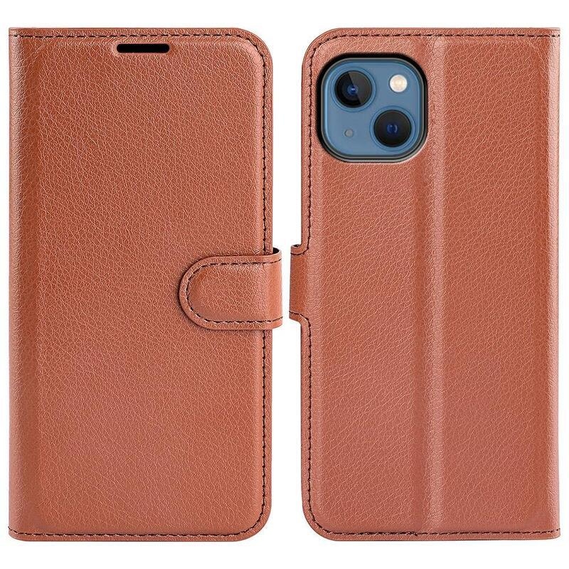 Litchi peněženkové pouzdro na iPhone 14 Plus - hnědé