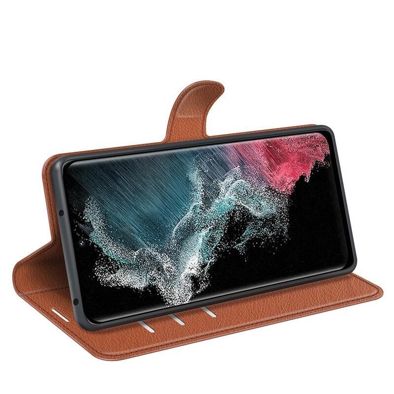 Litchi peněženkové pouzdro na Samsung Galaxy S23 Ultra - hnědé