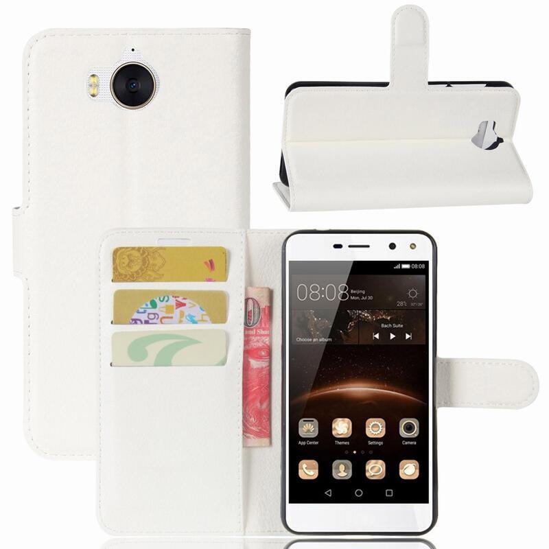 Litchi PU kožené peněženkové pouzdro na Huawei Y6 (2017) - bílé