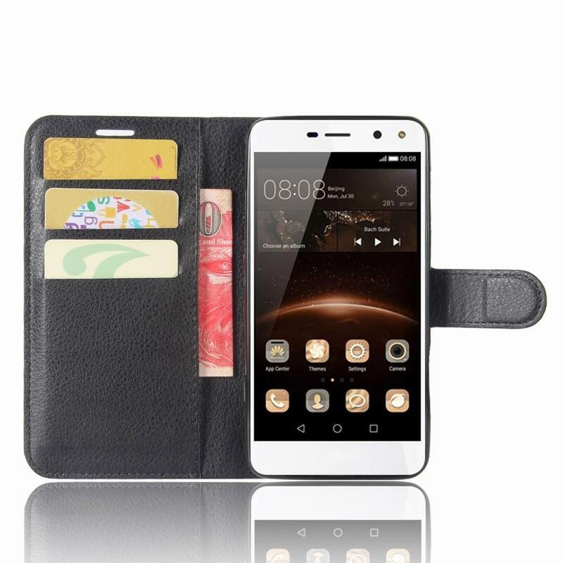 Litchi PU kožené peněženkové pouzdro na Huawei Y6 (2017) - černé