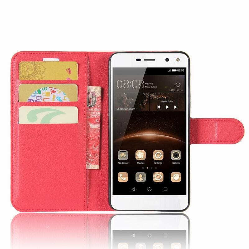 Litchi PU kožené peněženkové pouzdro na Huawei Y6 (2017) - červené