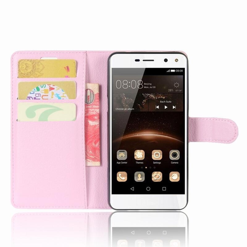 Litchi PU kožené peněženkové pouzdro na Huawei Y6 (2017) - růžové