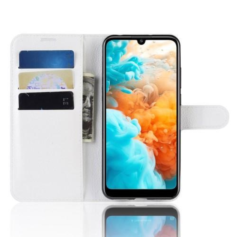 Litchi PU kožené peněženkové pouzdro na Huawei Y6 (2019) - bílé