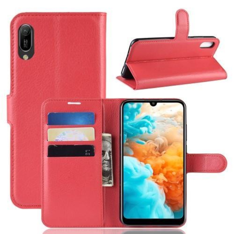 Litchi PU kožené peněženkové pouzdro na Huawei Y6 (2019) - červené