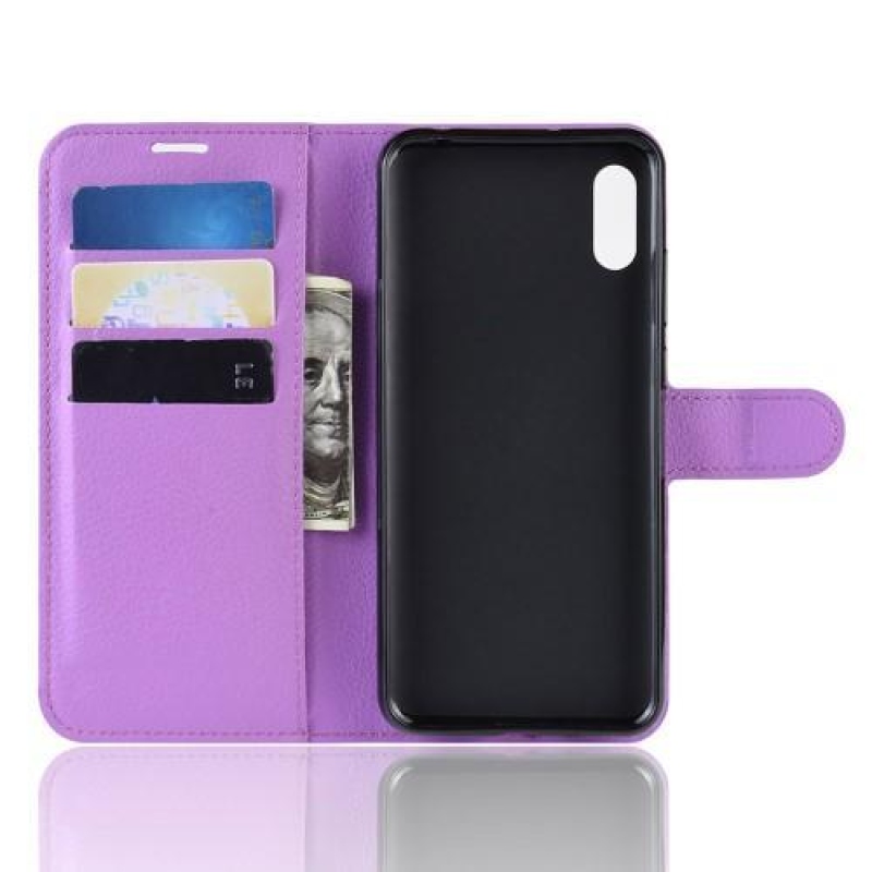Litchi PU kožené peněženkové pouzdro na Huawei Y6 (2019) - fialové