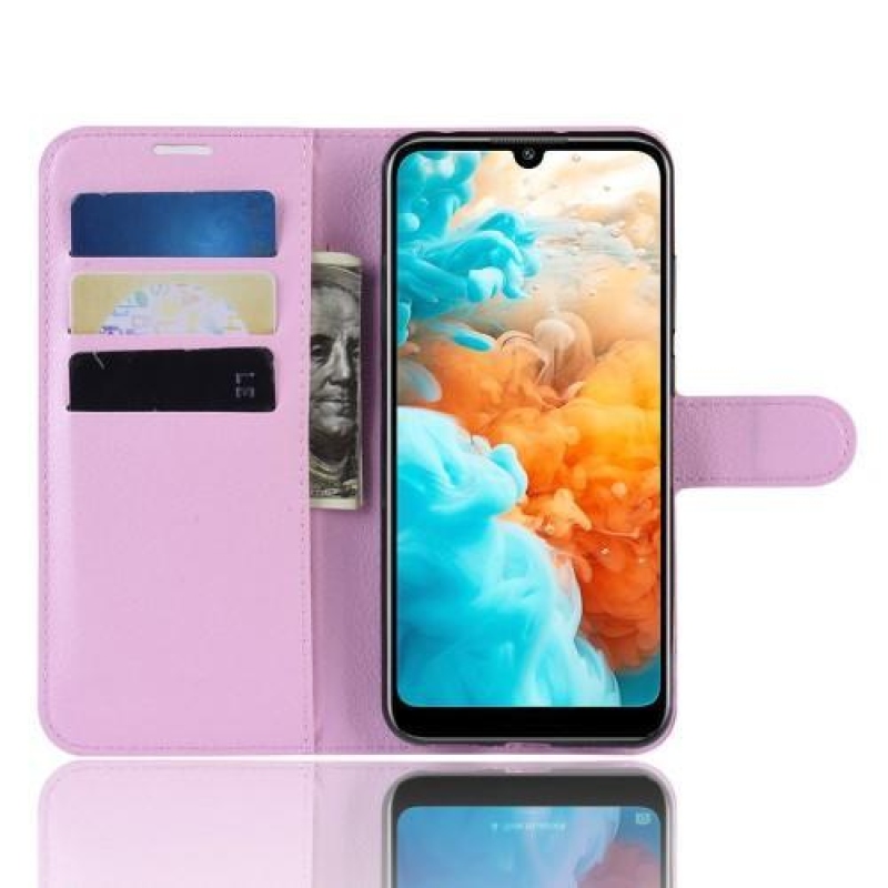 Litchi PU kožené peněženkové pouzdro na Huawei Y6 (2019) - růžové