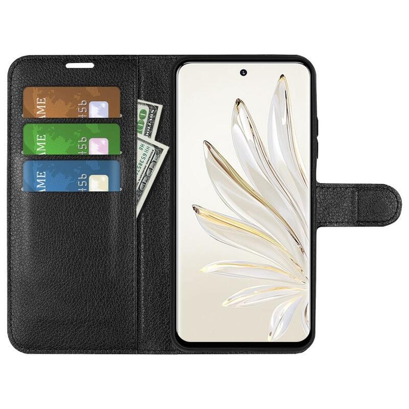 Litchi PU kožené peněženkové pouzdro na mobil Honor 70 5G - černé