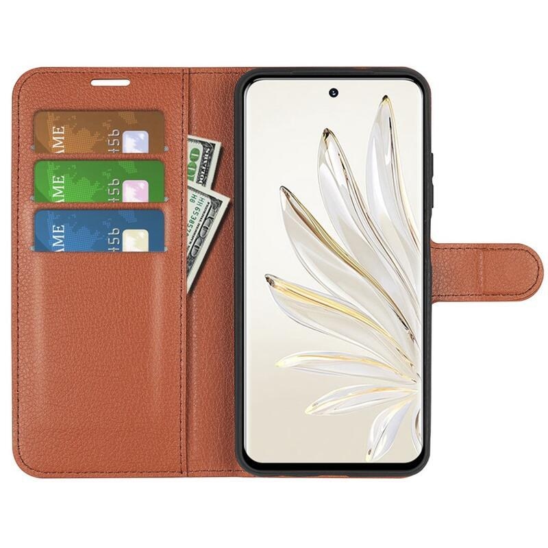 Litchi PU kožené peněženkové pouzdro na mobil Honor 70 5G - hnědé