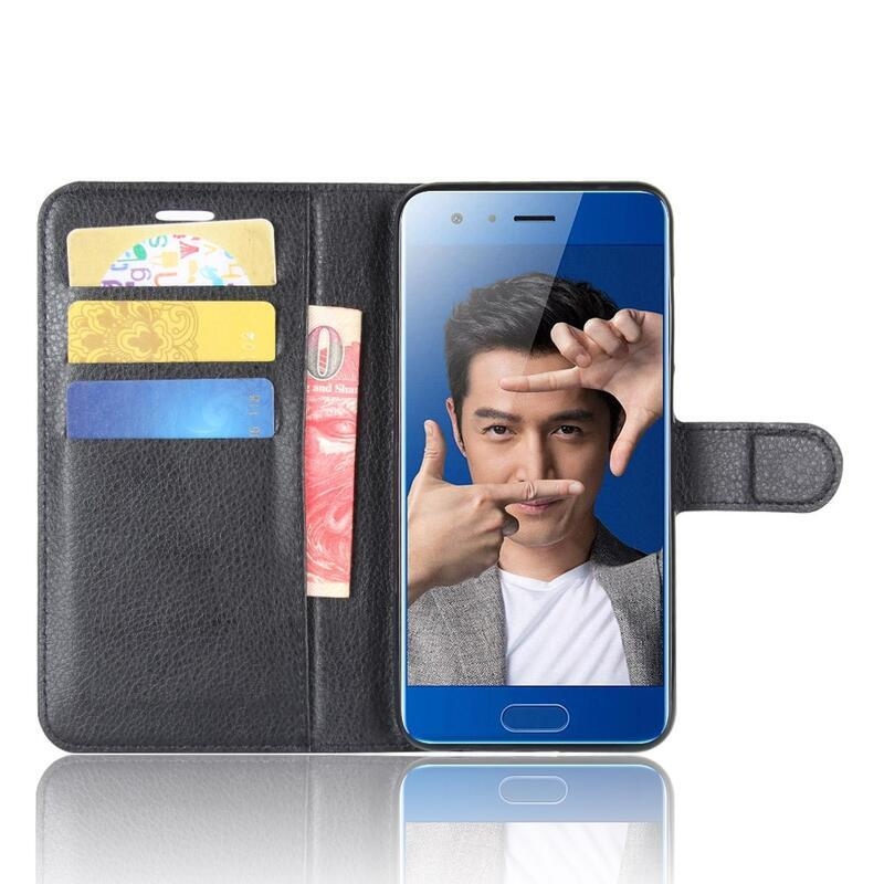 Litchi PU kožené peněženkové pouzdro na mobil Honor 9 - černé
